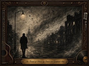 A solitary figure walks through a rain-darkened city street beneath a faint amber lamp, surrounded by mist, shadowed buildings, and drifting birds. Deep charcoal textures and smoky grays create a haunting, introspective mood, while dissolving musical notes suggest fading sound. An ornate dark-wood frame incorporates guitar, microphone, vinyl, and gold accents.