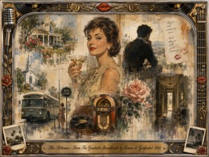 A nostalgic 1960s collage centers on an elegant woman with red lips, pearls, and a cocktail, while a distant young man turns away. Suburban homes, a church, bus, jukebox, roses, and faded interiors surround them. Warm sepia, cream, gold, and muted blue tones glow within an ornate musical frame.
