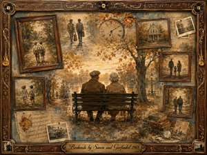 An elderly couple rests together on a lakeside bench beneath autumn trees, surrounded by faded photographs of childhood, friendship, home, and passing years. Warm amber, sepia, and muted blue tones glow in soft sunset light. Painterly textures, antique frames, sheet music, books, and a clock create a tender meditation on memory and time.
