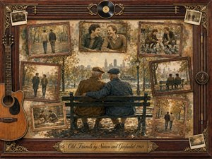 Two elderly friends sit closely on a park bench beneath autumn trees, surrounded by framed memories of their younger years walking, laughing, playing guitar, and feeding pigeons. Warm sepia, gold, brown, and muted blue tones glow with soft afternoon light, while rosewood, vinyl, guitar strings, and ornate gold details create a nostalgic painted collage.