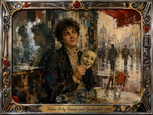 A thoughtful young man sits in a rain-washed city cafe, holding a smiling theatrical mask as layered reflections suggest hidden identities and uncertainty. Warm ochres, deep blues, muted reds, and metallic gold frame the moody oil-painted scene. Ornate musical details, records, strings, microphones, and red lips surround the introspective composition.