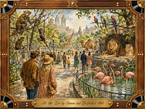 A whimsical watercolor-and-gouache zoo scene unfolds along a sunlit promenade, where monkeys, lions, flamingos, parrots, a giraffe, and camel mingle with strolling visitors. Warm greens, golds, coral pinks, and soft blues create nostalgic 1960s charm. An ornate wood, brass, guitar-string, and vinyl frame completes the playful composition.