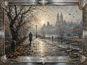 A solitary figure walks through a wintry city park beneath bare trees, drifting leaves, and a pale, hazy sun. Muted grays, silvers, browns, and amber highlights create a reflective, melancholic mood. Expressive oil-painted textures soften the skyline, while an ornate chrome-and-gold musical frame and engraved title plate add elegance.