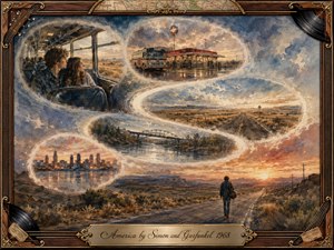 A nostalgic American journey unfolds through feathered, S-curving memories of buses, diners, highways, bridges, and distant city lights. A lone traveler walks toward a glowing sunset beneath expansive blue-gray skies. Warm ochres, faded blues, and amber light create reflective longing, rendered in richly textured painterly strokes within an ornate vintage frame.