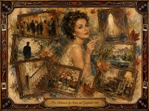 A poised woman holding a cocktail anchors a nostalgic collage of faded 1960s memories, surrounded by elegant rosewood frames showing parties, autumn streets, a church, vintage cars, and intimate interiors. Warm sepia, amber, cream, and muted blue tones glow beneath soft painterly lighting, while ornate gold inlay, vinyl records, and red lips enrich the decorative border.