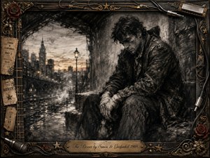 A weary boxer sits beneath a shadowed city overpass, hands wrapped and head bowed beside rain-slicked streets and distant towers. Deep charcoal textures, smoky blacks, muted browns, and warm lamplight create a lonely, resilient mood. An ornate music-themed frame of cables, roses, stars, and memorabilia surrounds the brooding portrait.