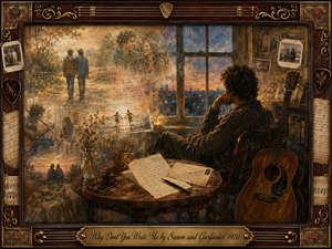 A solitary figure sits beside a worn acoustic guitar and scattered handwritten letters, gazing through a twilight window as faded romantic memories surround him. Warm amber, sepia, and dusky blue tones create wistful longing. Painterly textures, soft glowing light, vintage photographs, musical details, and an ornate rosewood frame deepen the nostalgic atmosphere.