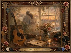 A tender couple embraces beside a glowing sunset window, surrounded by an acoustic guitar, handwritten songbook, roses, candlelight, and a vintage record player. Warm amber, rose, and muted brown tones create an intimate, reflective mood. Soft impressionistic brushwork and an ornate musical frame evoke romance, memory, and quiet devotion.