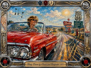 A joyful young driver races along a sunlit highway in a gleaming red vintage convertible, surrounded by open countryside, roadside signs, and flowing musical notes. Expressive painted textures, vivid reds, blues, golds, and warm light create exuberant motion. An ornate chrome-and-gold music-themed frame reinforces the nostalgic road-trip spirit.