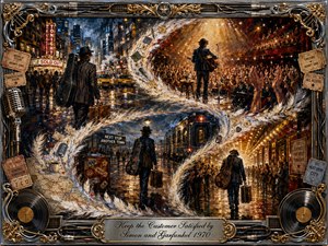 A weary traveling musician moves through rain-soaked city streets, crowded theaters, trains, and glowing marquees in a sweeping S-curve timeline. Warm amber stage lights contrast with deep blues and black shadows. Expressive oil-paint textures, swirling feather forms, tickets, records, microphones, and ornate chrome-gold framing convey relentless performance, pressure, and restless motion.