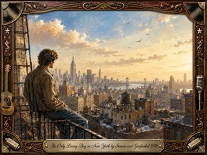 A solitary young man sits on a New York fire escape, gazing across rooftops, water towers, bridges, and a glowing skyline. Warm golden sunlight, soft blue skies, and drifting birds create a wistful, reflective mood. Painterly textures and atmospheric haze are framed by ornate rosewood, gold musical details, and a vintage engraved title plate.