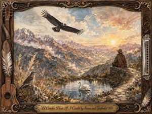 A majestic condor glides above sunlit Andean mountains while a solitary traveler watches from a stone ledge. A swan, sparrow, and snail enrich the tranquil foreground. Warm gold, muted blue, rose, and earth tones glow through watercolor textures, framed by carved wood, feathers, instruments, and ornate metallic details.