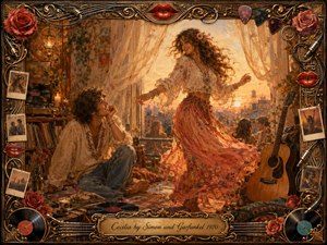 A joyful bohemian woman dances beside an open balcony at sunset while a lovestruck man watches from a cozy, record-filled room. Warm amber, coral, rose, and gold tones glow through billowing curtains. Rich painterly textures blend romance and nostalgia, framed by roses, vinyl records, red lips, guitar strings, musical ornaments, and an engraved title plate.