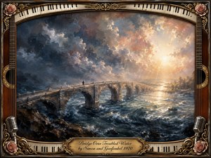 A solitary figure crosses a grand stone bridge above turbulent dark-blue water as storm clouds yield to radiant golden sunlight. Rich oil-paint textures heighten the dramatic, hopeful mood. An ornate rosewood-and-gold musical frame, decorated with piano keys, roses, guitars, and vintage microphones, surrounds the luminous seascape and engraved title plate.