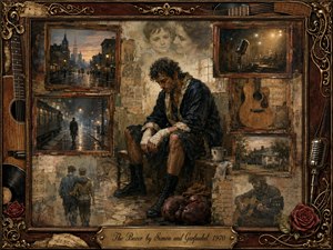 A weary boxer sits alone amid faded memories of city streets, family, friendship, music, and home. Warm sepia, rust, charcoal, and muted gold tones create a reflective, melancholy mood. Soft lamplight and painterly textures blend vintage framed scenes, acoustic instruments, roses, and ornate metalwork into a nostalgic collage.