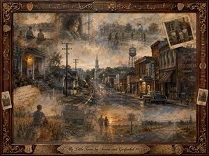A nostalgic mixed-media collage portrays a fading American small town, with quiet streets, storefronts, railroad tracks, schoolyard memories, and distant rural roads blending together. Muted browns, amber, gray-blue, and sepia tones glow under soft evening light. An ornate rosewood-and-gold musical frame surrounds the wistful, weathered composition.