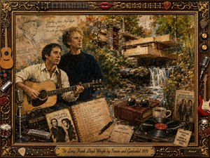 A warm vintage collage portrays Simon and Garfunkel beside a Frank Lloyd Wright-inspired house overlooking a woodland waterfall. Sepia browns, muted greens, and golden highlights create a nostalgic mood. Guitars, records, handwritten lyrics, microphones, books, and concert memorabilia fill the richly textured frame, blending watercolor softness with detailed painted realism.