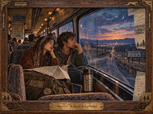 A young couple rides a vintage bus through twilight, quietly gazing toward a distant American city beyond open highways and dark mountains. Warm amber interior lights contrast with deep blue skies and rose-colored sunset clouds. Rich painterly textures, worn luggage, maps, reflective windows, and an ornate carved wooden frame create a nostalgic, searching mood.