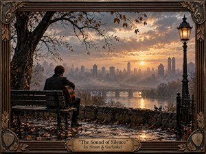 A solitary guitarist sits on a weathered park bench overlooking a misty river, arched bridge, and distant city skyline at sunset. Warm amber light contrasts with cool gray haze, creating a reflective, melancholic mood. The cinematic realism is framed by ornate bronze musical motifs, autumn leaves, ironwork, and a glowing streetlamp.