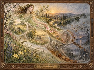 A serene woman crowned with spring blossoms drifts through a flowing S-curve of seasonal memories, from sunlit meadows to autumn leaves and winter solitude. Soft gold, blue, green, and gray tones glow with diffused light. Delicate painterly textures, translucent memory spheres, carved wood framing, and a brass title plate create wistful, handcrafted elegance.