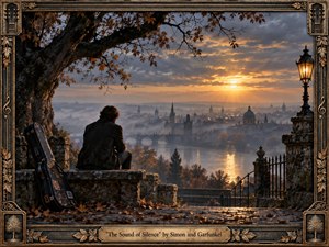 A solitary figure sits beneath a weathered autumn tree, overlooking a misty riverside city at sunset. Golden light breaks through heavy clouds, reflecting across the water and distant rooftops. A worn guitar case, stone terrace, wrought iron, and ornate bronze frame create a melancholic, cinematic atmosphere of isolation, memory, and quiet contemplation.