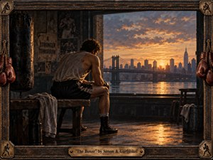 A weary boxer sits alone on a wooden bench in a weathered gym, gazing toward a glowing river and city skyline at sunset. Warm amber light reflects across the water, contrasting with deep brown shadows and worn textures. Painterly digital oil technique emphasizes solitude, resilience, nostalgia, and quiet determination.