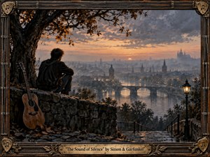 A solitary figure sits beneath an autumn tree overlooking a misty riverside city at sunset. An acoustic guitar rests nearby beside weathered stone walls and a glowing streetlamp. Warm amber light contrasts with cool blue-gray haze, creating melancholy and contemplation. The richly textured painterly scene features bridges, distant towers, and an ornate musical frame.