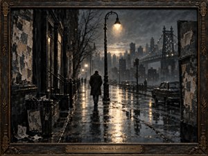 A solitary figure walks through a rain-soaked 1960s city street beneath glowing lamps, surrounded by mist, dark buildings, vintage cars, and a distant bridge. Charcoal grays, deep browns, and muted amber reflections create a somber, introspective mood. The handcrafted mixed-media style features weathered textures, dramatic depth, and an ornate period-inspired frame.