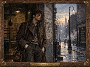 A bruised young boxer leans against a weathered city wall beside a dim, worn gym, while a rain-slicked street stretches toward the distant skyline. Warm amber lamps contrast with cold blue-gray dawn light. Rich painterly textures, peeling masonry, wet reflections, boxing equipment, and an ornate wood-and-brass frame create a weary, resilient mood.