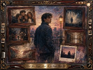A solitary young man stands amid a dreamlike collage of fading memories, surrounded by rosewood-framed scenes of friendship, empty corridors, rainy streets, and distant performances. Warm amber light meets dusky blues and muted rose tones, while painterly oil and watercolor textures create a nostalgic, bittersweet atmosphere of remembrance, separation, and enduring connection.