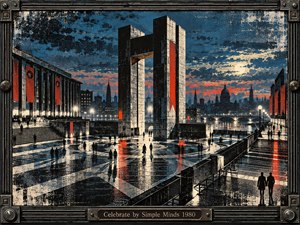 A monumental brutalist plaza rises beneath a stormy blue dusk, its wet geometric pavement reflecting red banners, glowing lamps, and scattered silhouettes. A towering gateway anchors the composition against a distant domed skyline and river bridge. Gritty screen-print textures, industrial framing, stark contrasts, and weathered surfaces create a tense yet triumphant atmosphere.