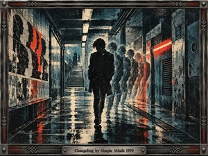 A solitary dark-coated figure walks through a rain-slick industrial corridor, trailed by ghostlike repetitions suggesting identity in transition. Teal, charcoal, cream, and vivid red accents create tense post-punk energy. Harsh fluorescent light, distressed print textures, tiled walls, pipes, reflections, and a riveted metal frame reinforce the stark urban atmosphere.