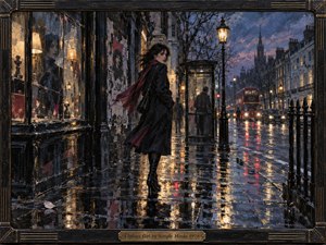 A solitary young woman in a dark coat and flowing red scarf stands on a rain-slick Chelsea street at dusk, glancing back amid glowing lamps, shop windows, and distant traffic. Deep blues, charcoal, amber, and crimson reflections create a moody late-1970s atmosphere, rendered in richly textured, cinematic painterly detail.