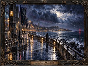 A lone figure stands beside a rain-soaked coastal promenade, facing a turbulent moonlit sea and distant city lights. Deep indigo, charcoal, silver, and amber create a melancholic atmosphere, while reflective pavement, storm clouds, gulls, and a red beacon add depth. Rich oil-painted textures and an ornate bronze frame complete the scene.