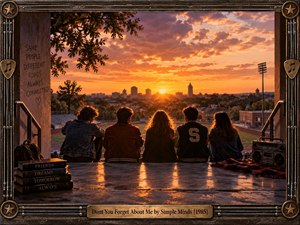 Five teenagers sit shoulder to shoulder above an empty stadium, watching a radiant orange sunset spill across the city skyline. Warm cinematic light silhouettes their figures against deep blue shadows, while a boombox, stacked books, graffiti, and weathered metal framing evoke friendship, nostalgia, separation, and enduring memory.