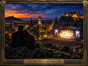 A silhouetted couple overlooks a glowing city and vast outdoor concert beneath a deep blue and fiery orange evening sky. Warm stage lights, historic towers, and a hilltop fortress create romantic grandeur. Rich painterly textures, dramatic depth, reflective gold accents, and an ornate Celtic-inspired metal frame give the scene nostalgic cinematic energy.