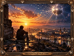 A solitary figure overlooks a luminous river city at sunset, blending hope, reflection, and urban grandeur. Golden light burns across clouds, bridges, towers, and shimmering water while a radiant mirrored sphere scatters sparks overhead. Ornate brass musical framing, rocky foreground textures, and cinematic detail give the scene a nostalgic, handcrafted 1998 atmosphere.
