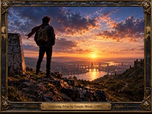 A lone traveler stands on a rugged hilltop above a glowing river city at sunset, framed by dramatic orange, violet, and blue clouds. Warm golden light reflects across bridges and water, creating a hopeful yet searching mood. Cinematic realism, weathered rock, distant towers, and ornate brass framing add nostalgic 1980s grandeur.