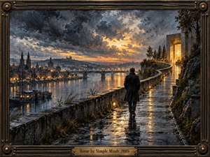 A solitary figure walks a rain-dark riverside path toward a glowing doorway above a luminous old city. Storm clouds break into amber sunset, reflecting across wet stone and water. Rich oil-paint textures, deep blues, bronze-gold light, distant spires, bridges, boats, and a crafted metallic frame create a reflective, hopeful, cinematic mood.