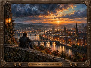 A solitary figure sits on a stone wall above a glowing riverside city at sunset, surrounded by autumn foliage, arched bridges, church spires, and distant hills. Dramatic orange light breaks through blue-gray clouds, reflected across the water. Rich oil-paint textures and an ornate guitar-inspired frame create a nostalgic, contemplative atmosphere.