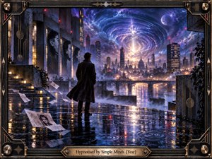 A solitary figure stands on a rain-slick terrace overlooking a luminous night city beneath a swirling cosmic vortex. Deep blues, violets, silver, and warm amber reflections create a hypnotic, dreamlike mood. Surreal digital painting, misty architecture, windblown papers, rippling puddles, and an ornate metallic frame evoke romantic tension and suspended time.