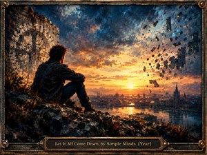 A lone man sits on a rocky overlook above a river city at sunset as towering storm clouds and floating architectural fragments suggest collapse and release. Deep blues contrast with fiery gold light, creating a reflective, unsettled mood. The richly textured painterly scene is enclosed by an aged bronze ornamental frame.