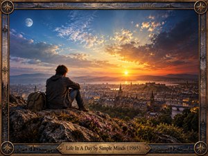 A lone traveler sits on a rugged hillside above a sprawling city, watching golden sunset light spread across rivers, bridges, towers, and distant hills beneath a moonlit blue sky. The cinematic composition blends reflection and possibility, framed by ornate bronze detailing, compass motifs, wildflowers, and a weathered backpack.