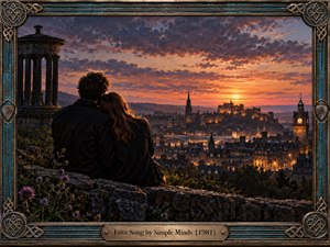 A couple sits close on a stone overlook above a glowing European city at sunset, creating a tender, reflective mood. Warm amber lights, deep blue shadows, dramatic clouds, distant towers, bridges, and a hilltop fortress form a cinematic composition, enclosed by an ornate bronze and teal Celtic-inspired frame.