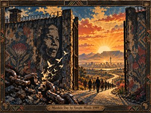 A weathered prison gateway opens onto a glowing sunrise, where silhouetted figures walk toward a distant city and mountains. Broken chains, rising white birds, faded mural imagery, and protea motifs suggest freedom and remembrance. Deep indigo shadows contrast with amber light in a richly textured vintage screen print framed by patinated bronze.