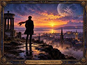 A solitary figure stands on a rain-slick rocky overlook above a glowing riverside city at sunset. Deep blues, violet clouds, amber reflections, mist, gothic towers, bridges, and an enormous moon create a dreamlike 1980s atmosphere. An ornate Art Deco frame and brass title plate complete the richly detailed cinematic composition.