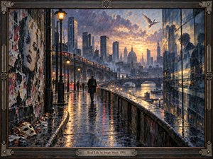 A rain-soaked city walkway curves toward a glowing dawn skyline as a solitary figure moves through reflections of amber lamps and steel-blue glass. Torn posters, a discarded mask, fractured window reflections, and a white bird deepen the mood of searching renewal. Rich oil textures and a dark crafted frame add nostalgic weight.