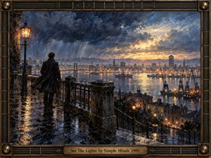A solitary figure overlooks a rain-soaked harbor city glowing beneath storm-dark skies, where amber lights shimmer across wet stone and water. Deep blues, charcoal, and gold create a reflective, hopeful mood. Expressive oil brushwork, luminous clouds, industrial cranes, and a bronze musical frame heighten the cinematic atmosphere.