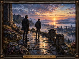 Two silhouetted figures stand on a rain-darkened stone terrace overlooking a misty river city and distant mountains at sunset. Warm gold light breaks through blue-violet clouds, reflecting across water and wet masonry. Rich oil-paint textures, rugged ruins, glowing windows, heather, and an ornate bronze frame create a contemplative, adventurous atmosphere.