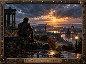 A solitary figure in a dark leather jacket overlooks a rain-slicked European city from a stone terrace as storm clouds break into fiery sunset light. Rich bronze, charcoal, amber, and blue tones create a tense, reflective mood, while ornate musical framing and cinematic detail give the scene a dramatic early-1980s character.